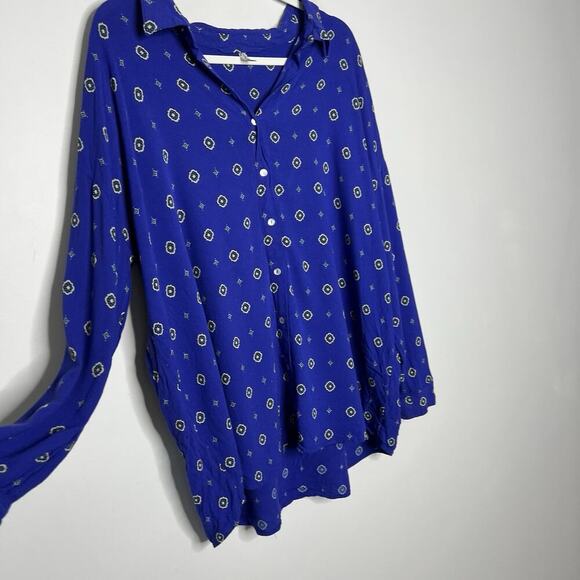 Free People Top Womens Large Blue Collared Button Up Office Career Flowy - Picture 7 of 12